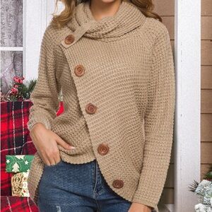Cozy Beige Cowl Neck Sweater‎ Womens Large Waffle Knit Asymmetrical Wood Button